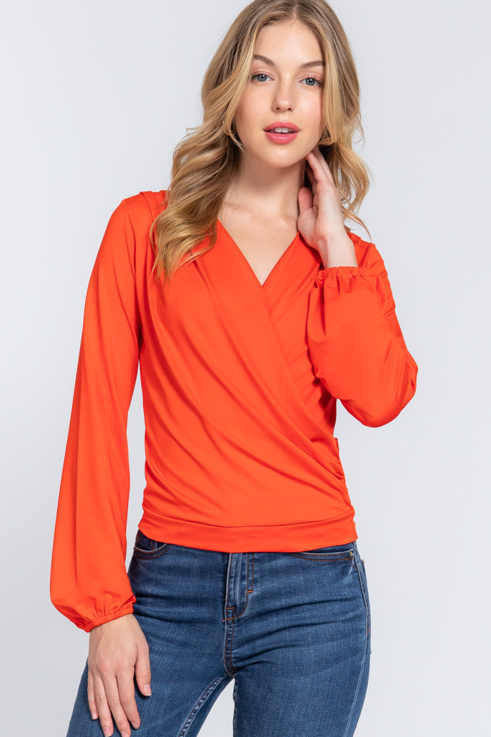 Blusa para Dama Naranja Neón Escote Cruzado Manga Larga